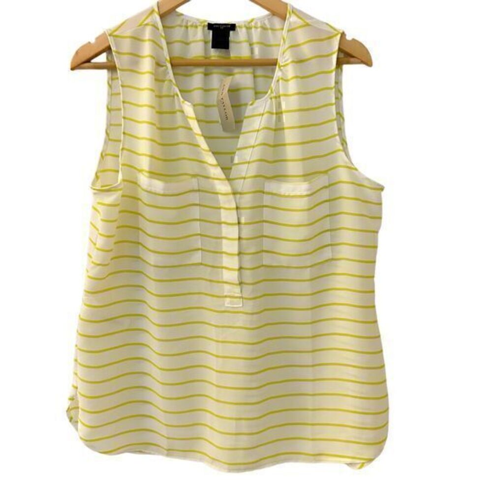 Ann Taylor Yellow White Striped Polyester Light Weight Button‎ Up Tank Size L